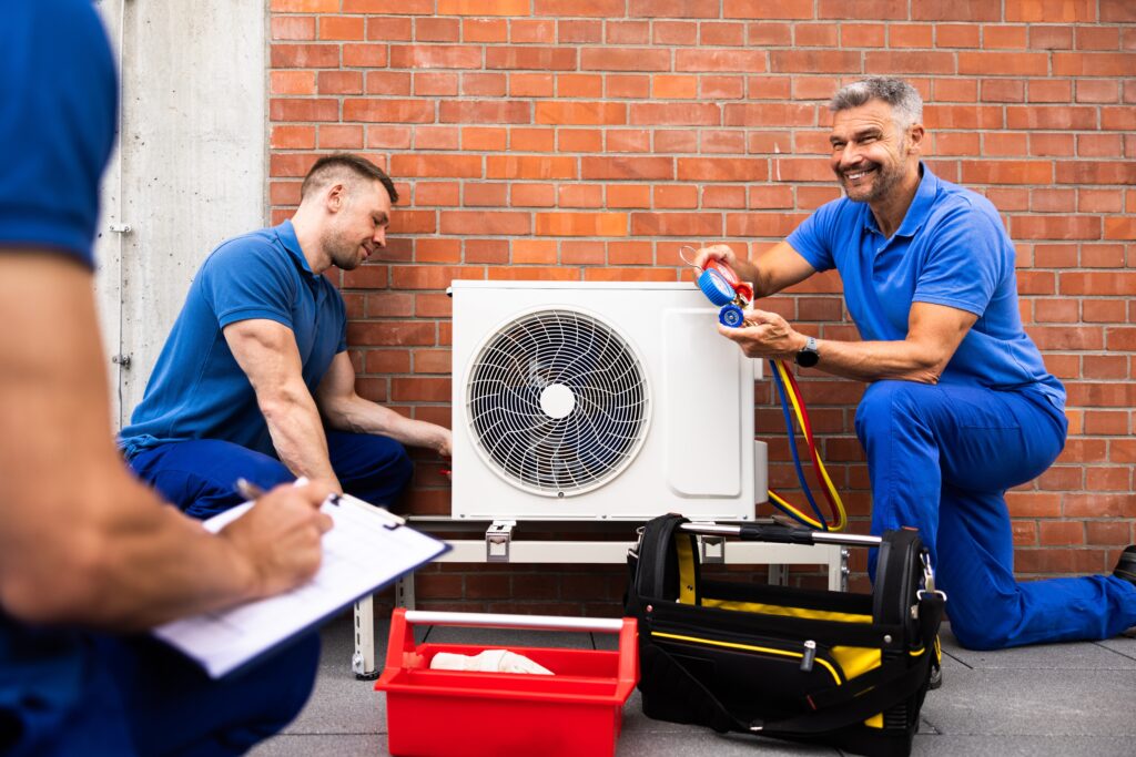 technicians installing hvac unit