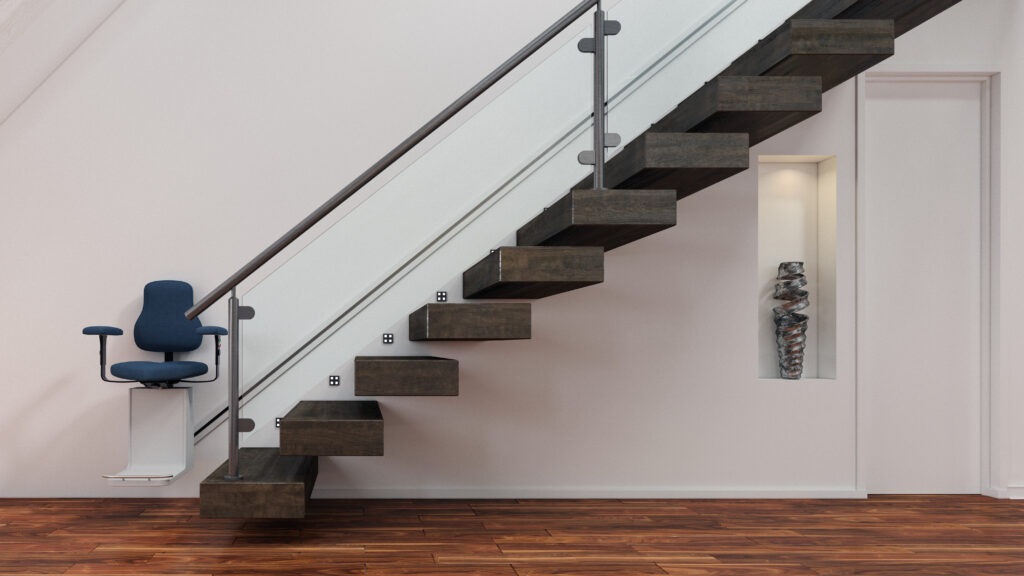 stairlift with white wall in background