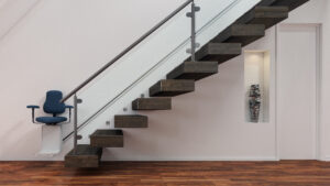 stairlift with white wall in background