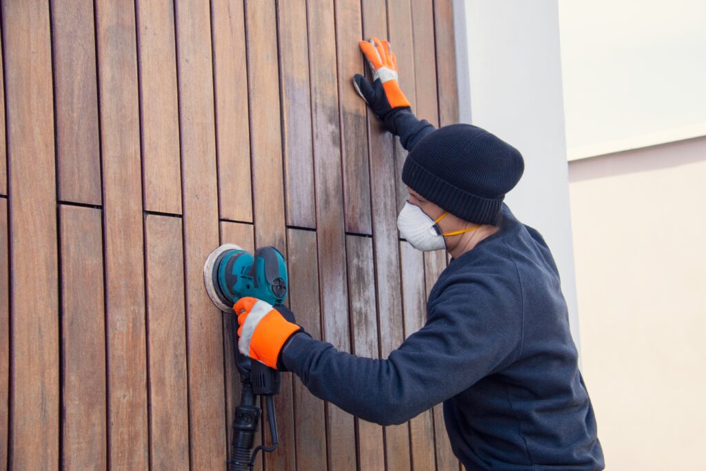 man in mask sanding siding on a home
