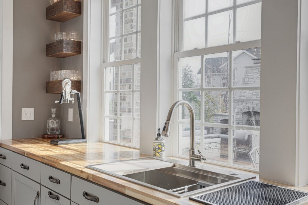 farmhouse rustic kitchen with windows