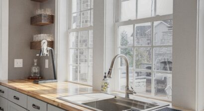farmhouse rustic kitchen with windows