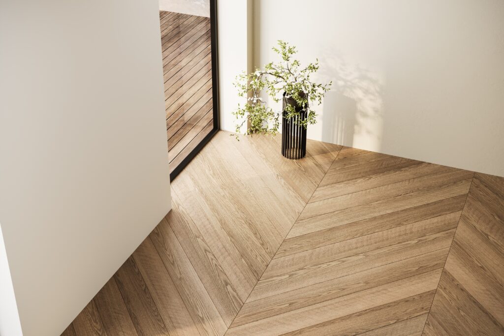 top view of an interior with chevron floors