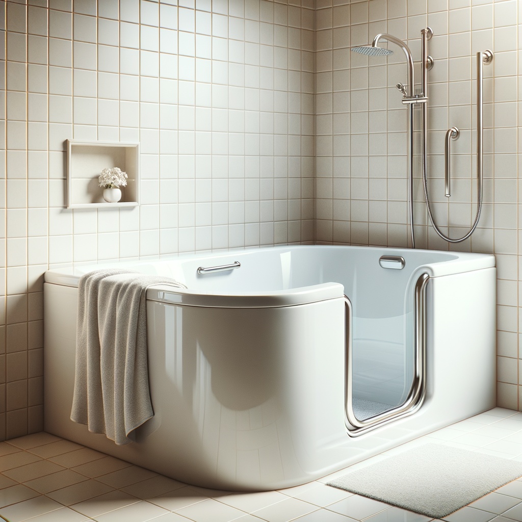 walk-in tub surrounded by white tile