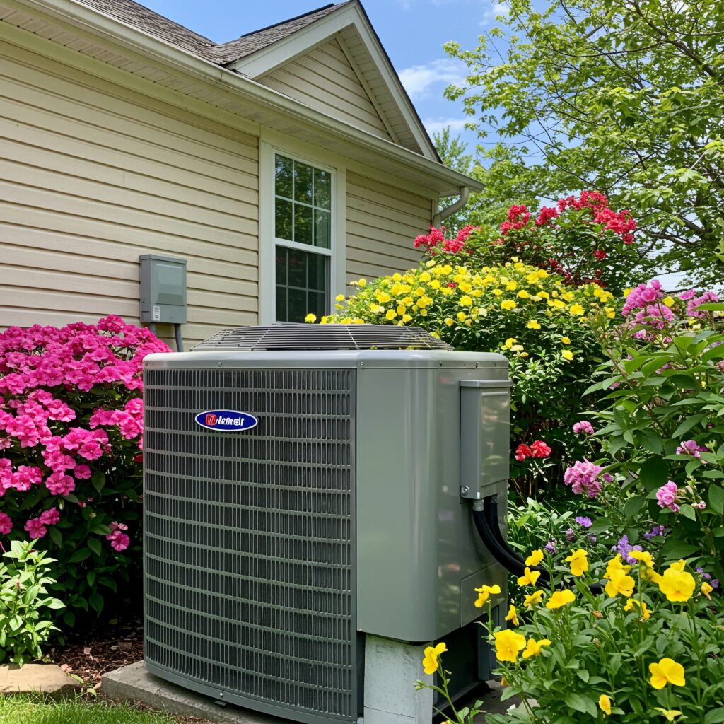 hvac unit of a home with flowers surrounding