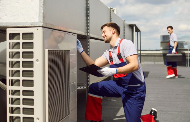 happy male hvac contractor working on unit