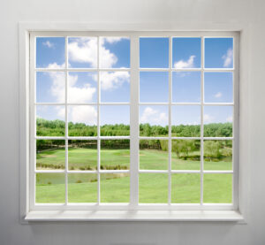 modern residential window with lake outside