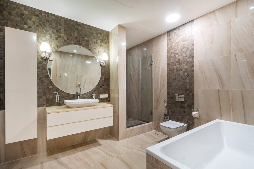 stylish bathroom of home with lights