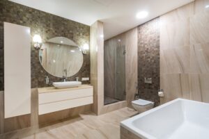 stylish bathroom of home with lights