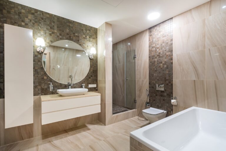 stylish bathroom of home with lights