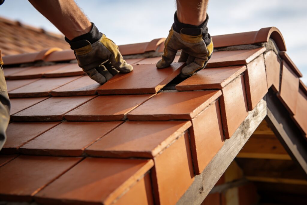 hands in gloves placing a new tile on roof