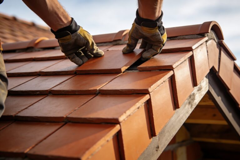 hands in gloves placing a new tile on roof